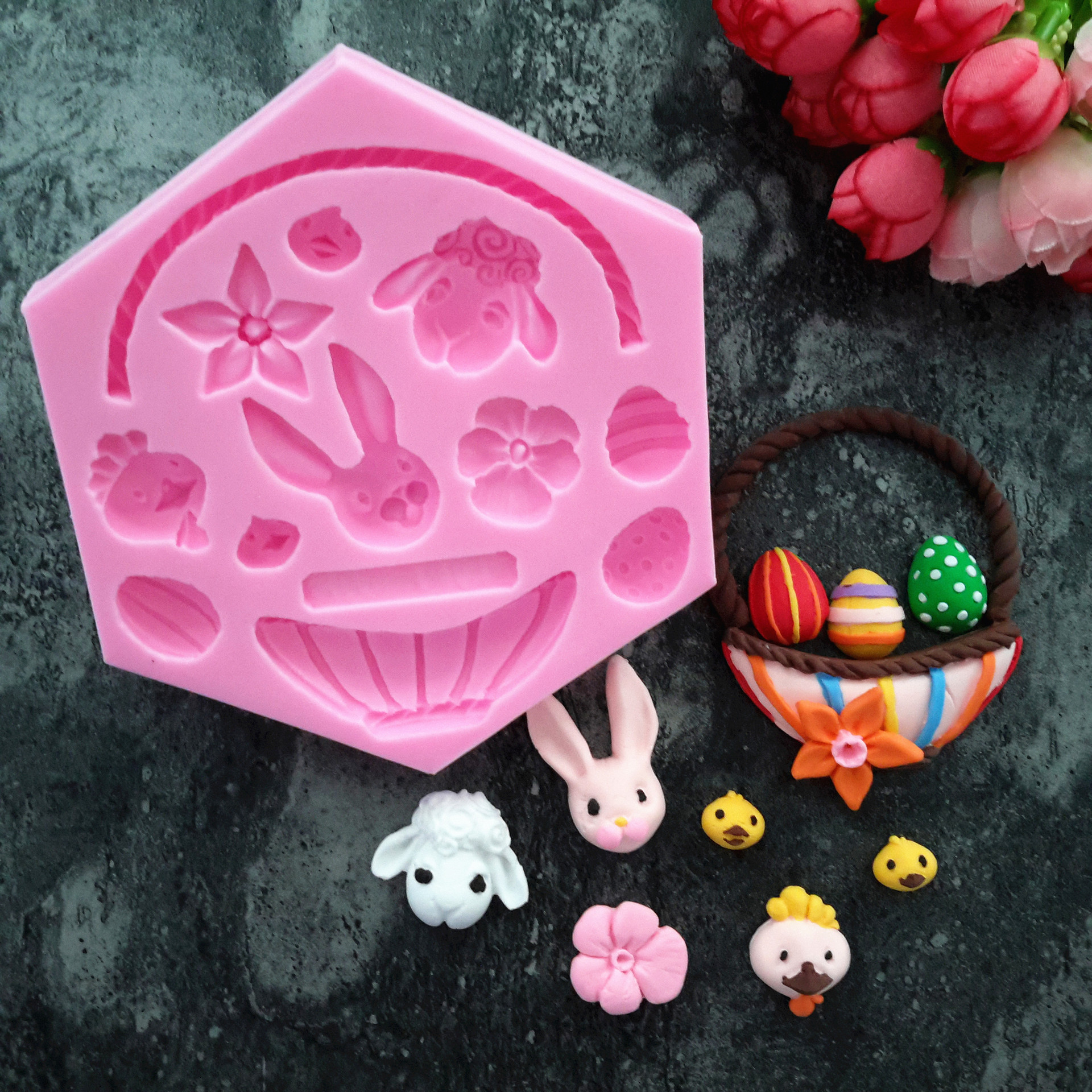 Fondant silicona flor azul molde de chocolate conejo huevo de Pascua flor pastel molde herramienta para hornear