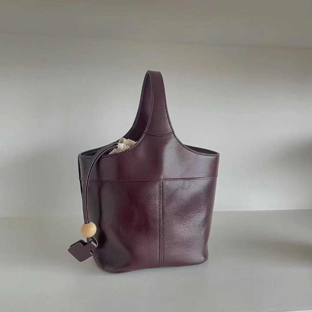 New Top Grain Cowhide Basket Bag Luxury Quiet Luxury Style Handbag Crossbody Bag Vintage Bucket Bag - Thumbnail 5