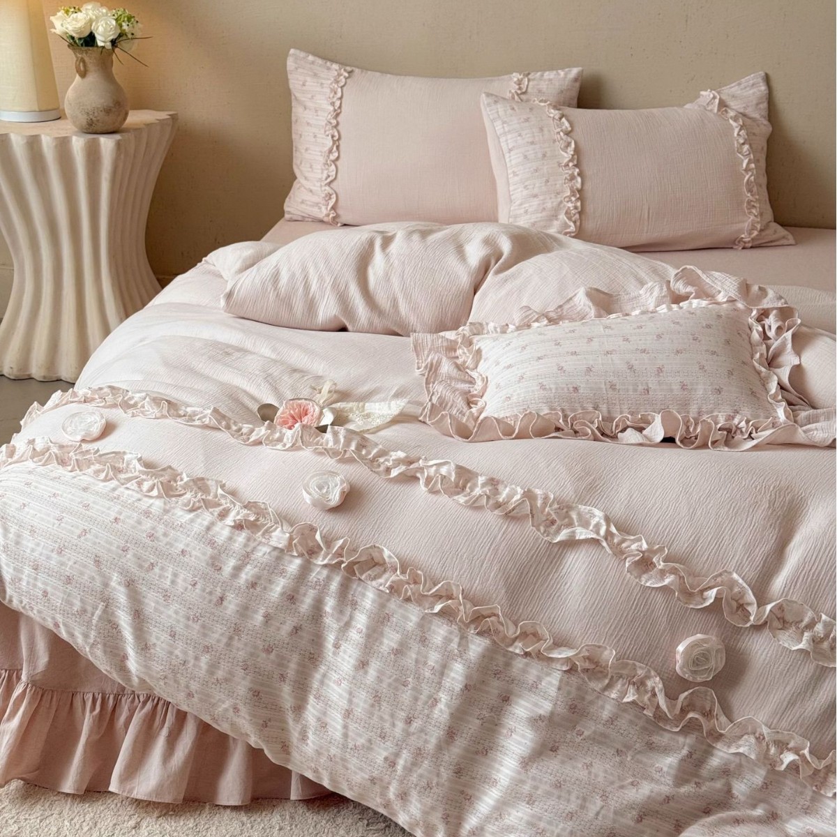 French Gentle Girly Cotton Double-Layer Gauze Four-Piece Set Pure Cotton Gauze Soft and Sweet Princess Style Quilt Cover Bedding