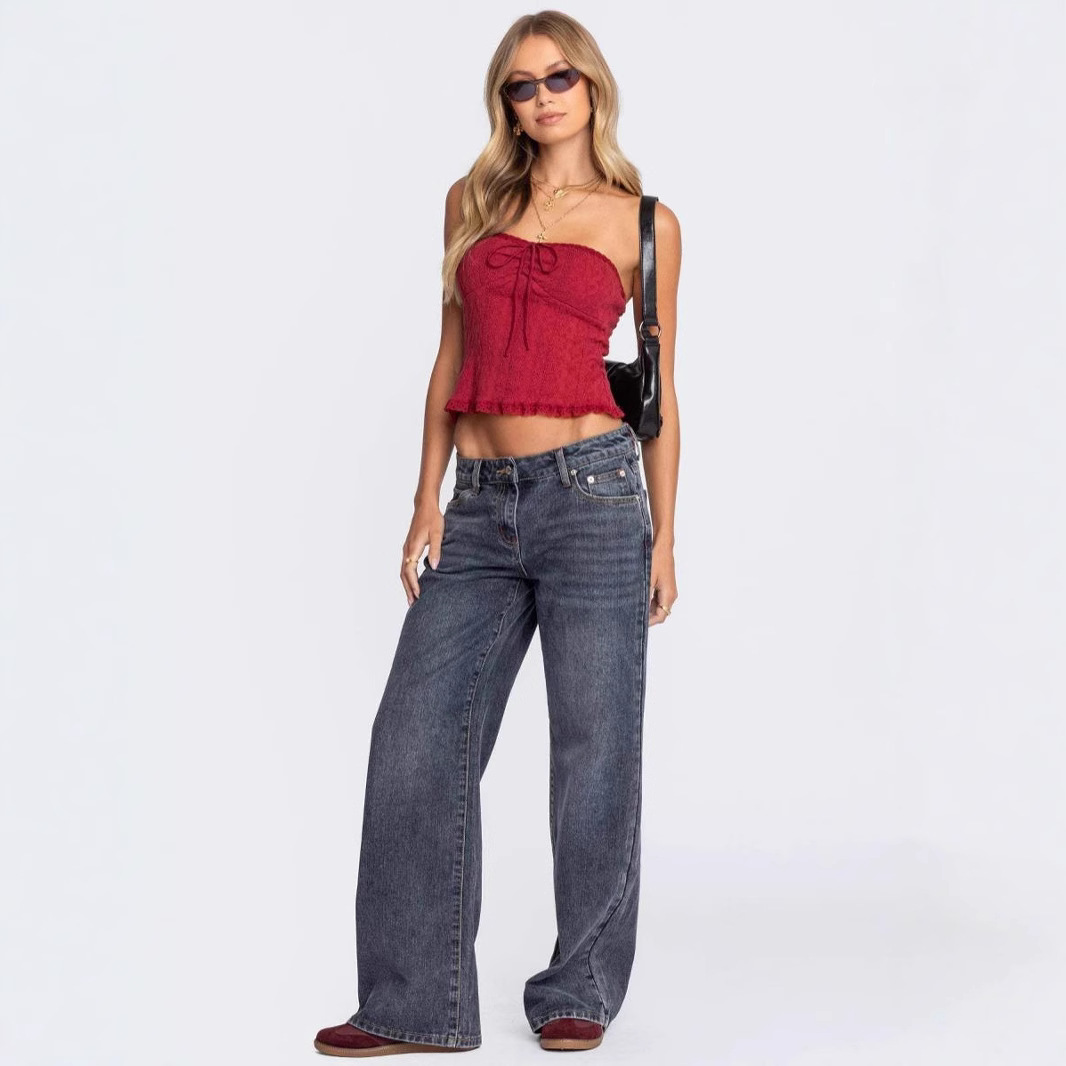 SC European and American cross-border wide-leg hot girl street loose low waist retro large size denim trousers for women