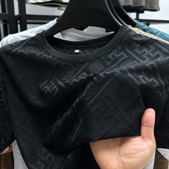 源メーカー丸首男性通気tシャツカジュアルアイス半袖ファッションジャカード薄い夏半袖上着