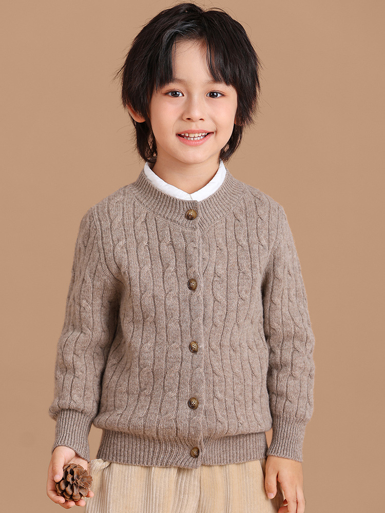 男女子供100% 純ウールクラシックレトロ麻花ニットカーディガン厚手丸襟純色洋気セーター潮