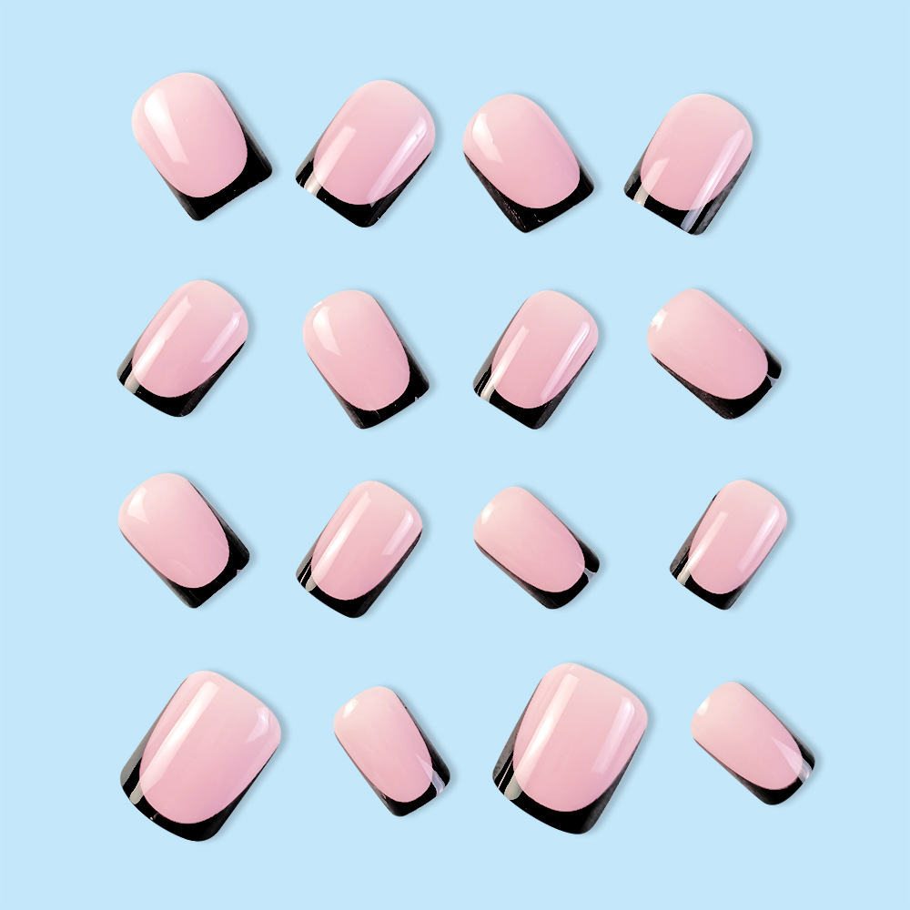 Uñas postizas cortas de punta plana, set de 24 piezas, serie rosa con bordes negros, pegatinas de uñas estilo francés de gran venta para ventas transfronterizas. image 4