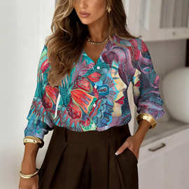 复古风格翻领长袖衬衫女士宽松休闲适合春秋季衬衣