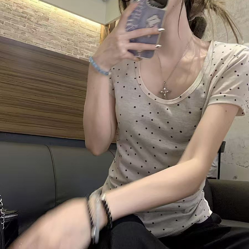 薄款U领波点t恤女夏季新款灰色复古正肩修身显瘦短袖辣妹透感上衣|undefined