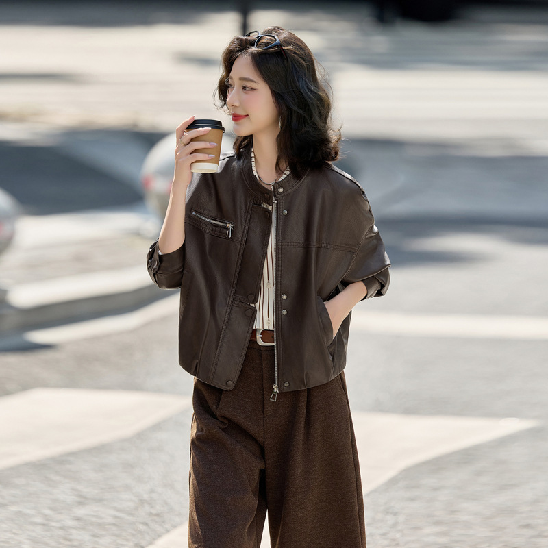 Leather Jacket for Women, Short Style, New Autumn Fashion, Stylish, Height-Enhancing, Slimming, Elegant Women's Leather Jacket Gt8081