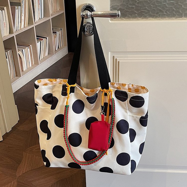 Polka Dot Canvas Double Handle Spacious Tote Bag 2