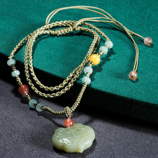 Natural Hotan Jade Self-created Design Safe Lock Retro Guofeng Hand DIY Rope Necklace Necklace