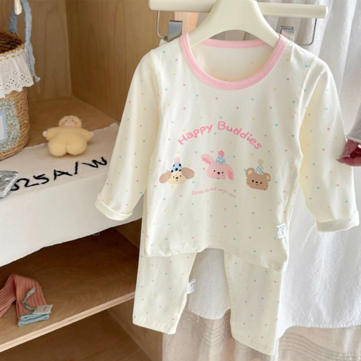 Traje de pijama para niños, ropa de aire acondicionado de dibujos animados para niños y niñas, ropa para el hogar de algodón para bebés, pantalones coreanos de manga larga para niños pequeños y medianos