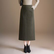 毛呢格子半身裙女秋冬2025新款高腰包臀裙时尚开叉一步裙直筒长裙