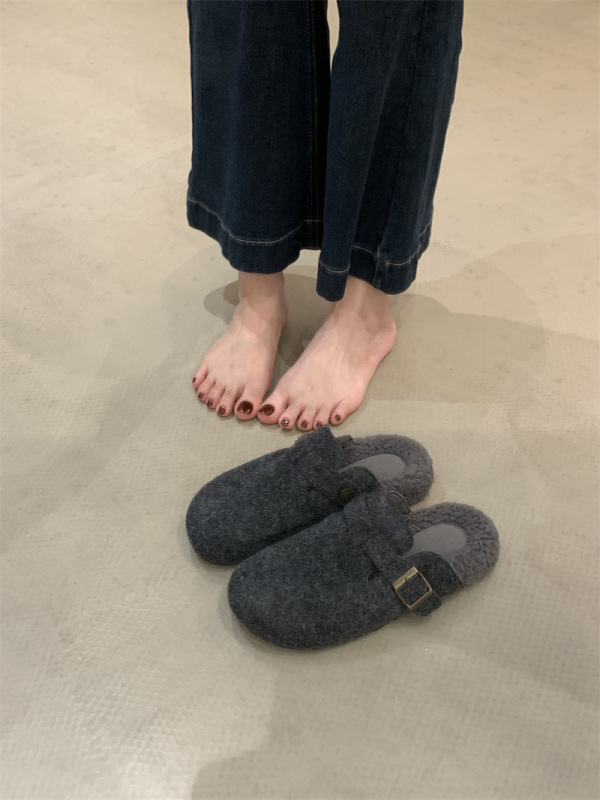 厚底内增高勃肯鞋女2025冬季新款加绒保暖毛毛棉鞋包头博肯半拖鞋|undefined