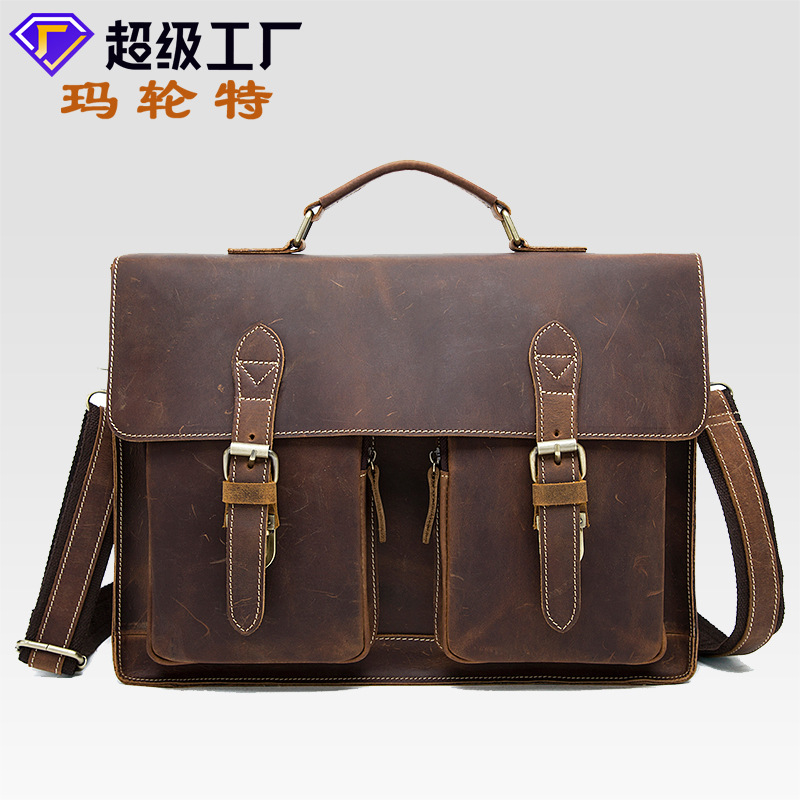 Genuine leather men's bag retro crazy horse leather shoulder crossbody bag first layer cowhide men's handbag briefcase wholesale
