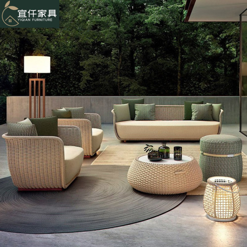 Nordic outdoor sofa courtyard villa living room single waterproof woven rope design rattan furniture solid wood coffee table