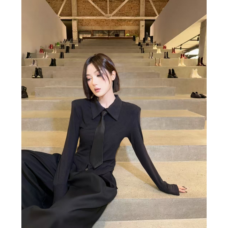 邓蕾婷 领带设计洋气小众修身显瘦时尚打底上衣+显瘦百搭阔腿裤|undefined