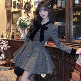 法式甜美蝴蝶结长袖连衣裙女秋季新款富家千金小香风收腰蓬蓬裙子