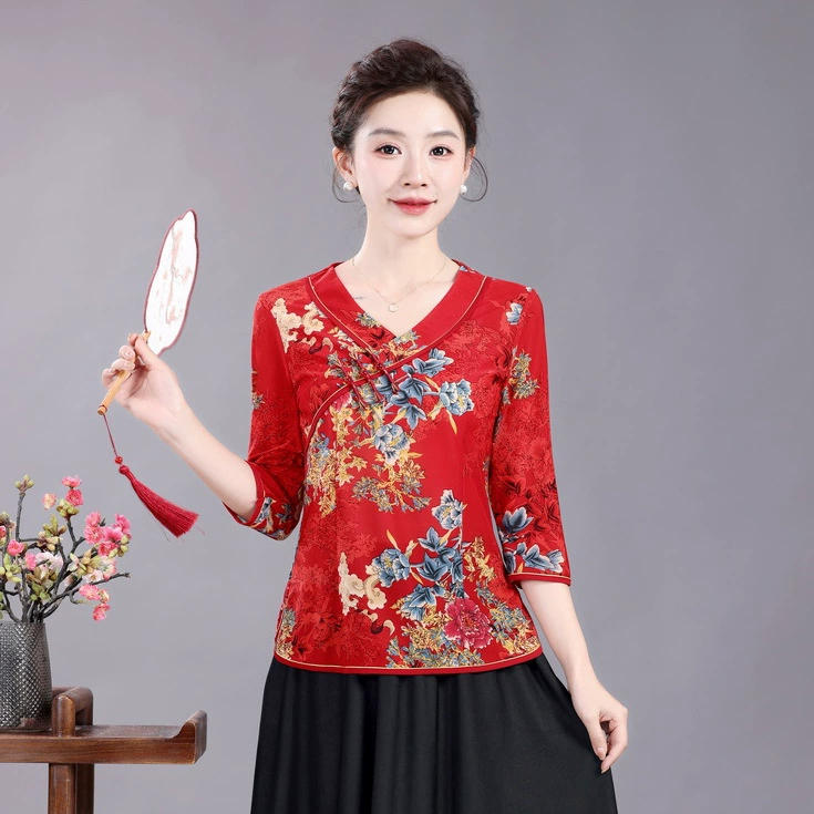 Новый топ Cheongsam с рукавом три четверти в этническом стиле для мамы, рубашка в стиле ретро в китайском стиле, закрывающая живот и утягивающая футболка с v-образным вырезом для женщин