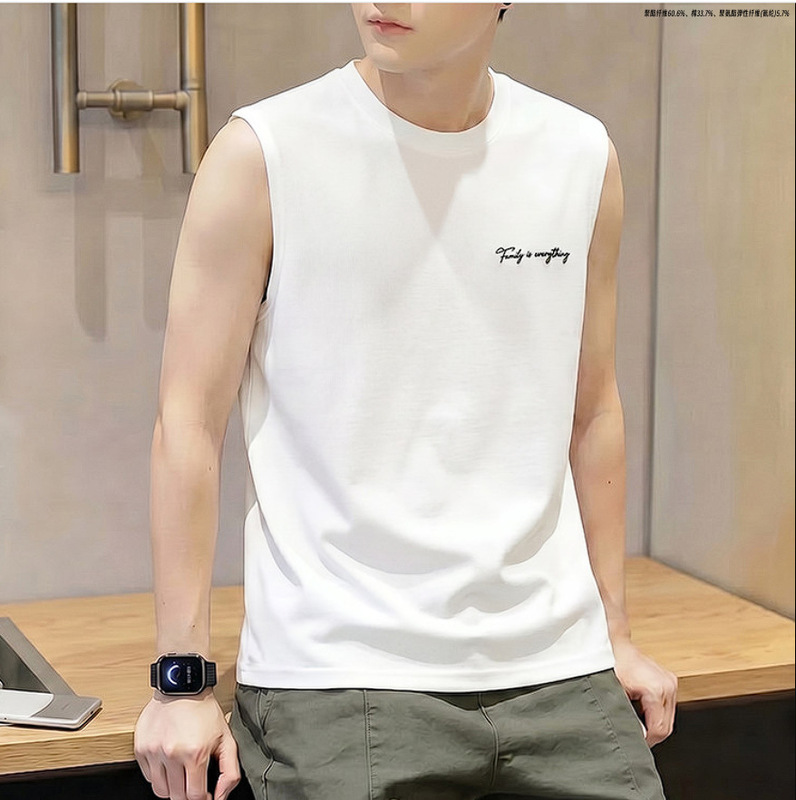 Summer New Cotton Sleeveless Vest T-Shirt for Men, Trendy Sports Simple Versatile Round Neck T-Shirt Top, Wholesale Available