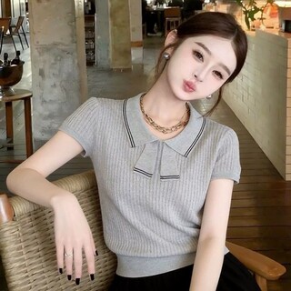灰色polo领短袖针织衫女夏季2026新款洋气减龄学院风显瘦气质上衣