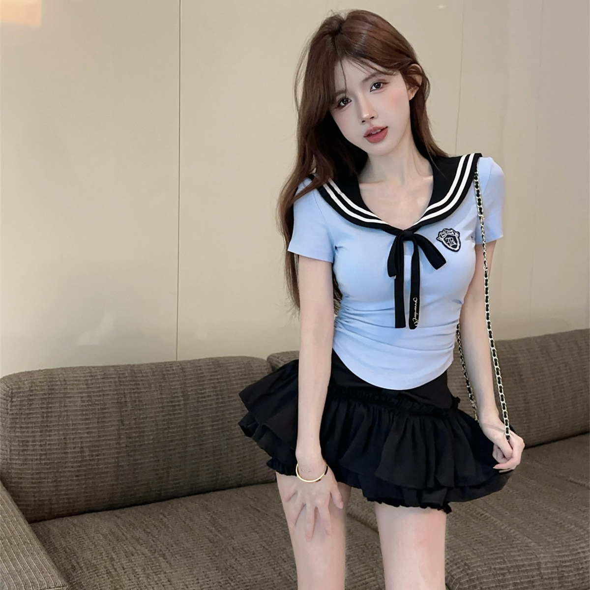 일본 대학 스타일 JK 세트 반팔 최고 여성 여름 순수 달콤한 스파이스 소녀 하이 엔드 세련된 아름다운 투피스 세트