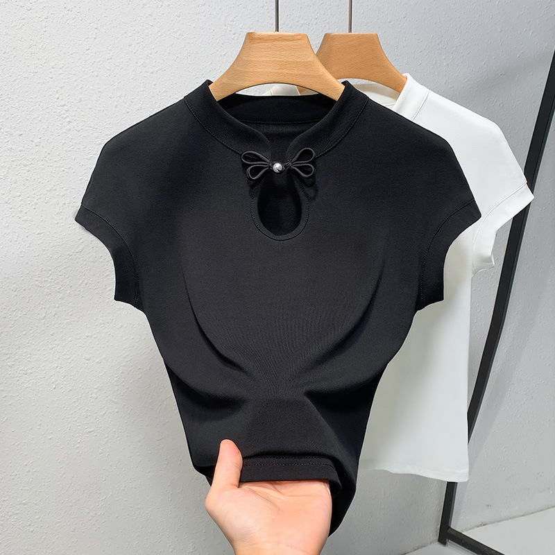 Camiseta de manga corta de cuello vertical para mujeres verano 2025 nueva camiseta de algodón de manga de color sólido de estilo chino nueva camiseta de hebilla de estilo chino