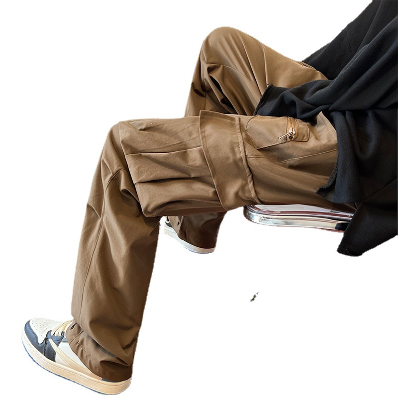 Multi-bolsillo de los guardapolvos de primavera y otoño de los hombres sueltos Pantalones rectos casuales de alta calle de la marca de moda americana pantalones funcionales