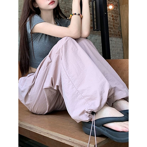 Dopamine Purple Drawstring Design Workwear Pants for Girls Summer Quick-Dry Sports Casual Straight Leg Loose Wide Leg Pants
