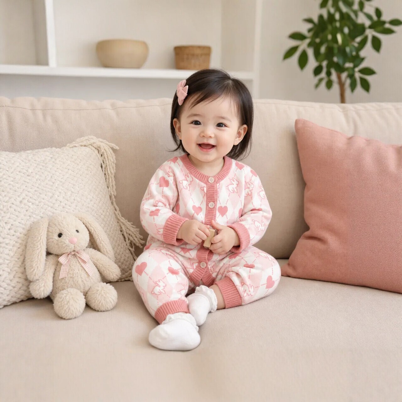 婴儿连体衣春秋款针织长袖爬服宝宝可爱爱心图案家居服男女童哈服