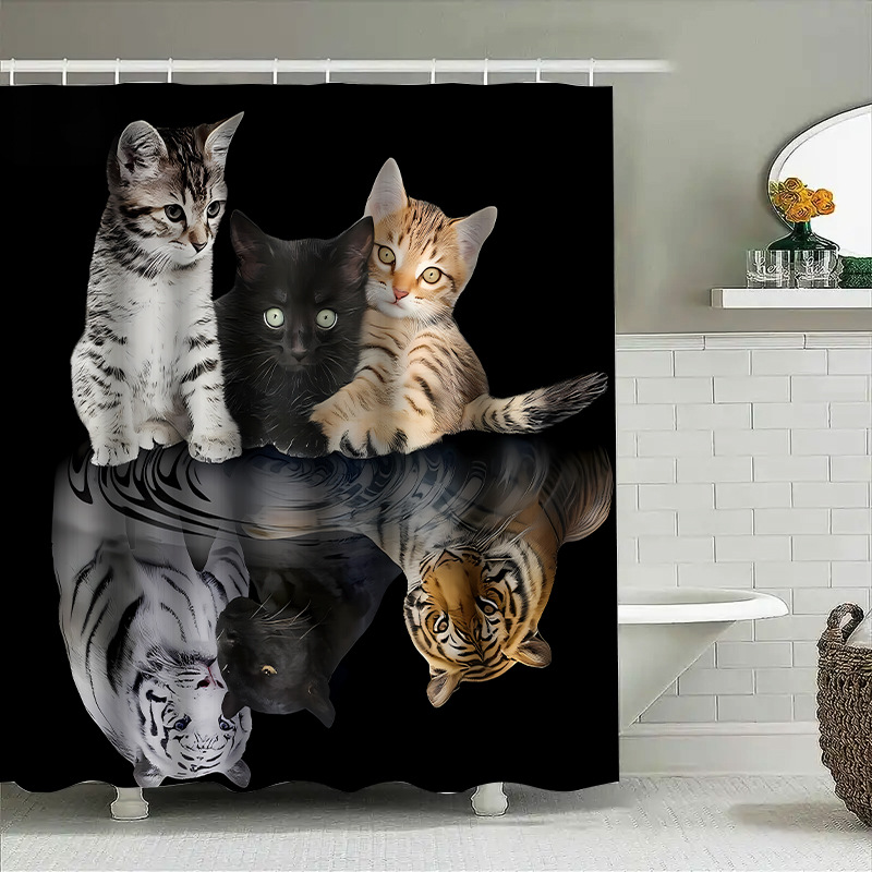 Divertida cortina de baño valiente gato sostiene tridente flecha montar tiburones en las olas ballenas gatos cortina de baño conjunto baño