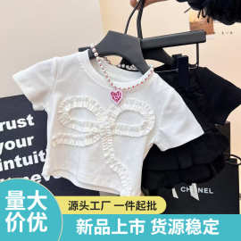 韩系童装儿童T恤短袖夏季女童洋气甜美花边蝴蝶结短款上衣潮Z037