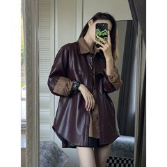 グレープパープル Pu レザージャケット女性の春と秋 2022 ファッション新レトロジャケット多用途シャツ