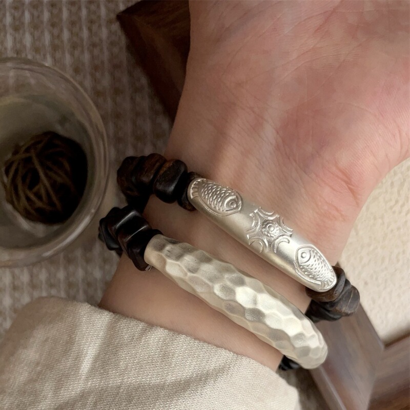 S925 Silver Natural Agarwood Random Silver Tube Bracelet Set Retro Niche Style Releases Energy and Relieves Stress