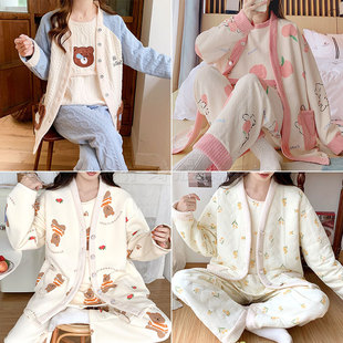 New pregnant women's nursing pajamas autumn and winter air pure cotton sandwich three-piece maternity postpartum nursing outerwear confinement clothes