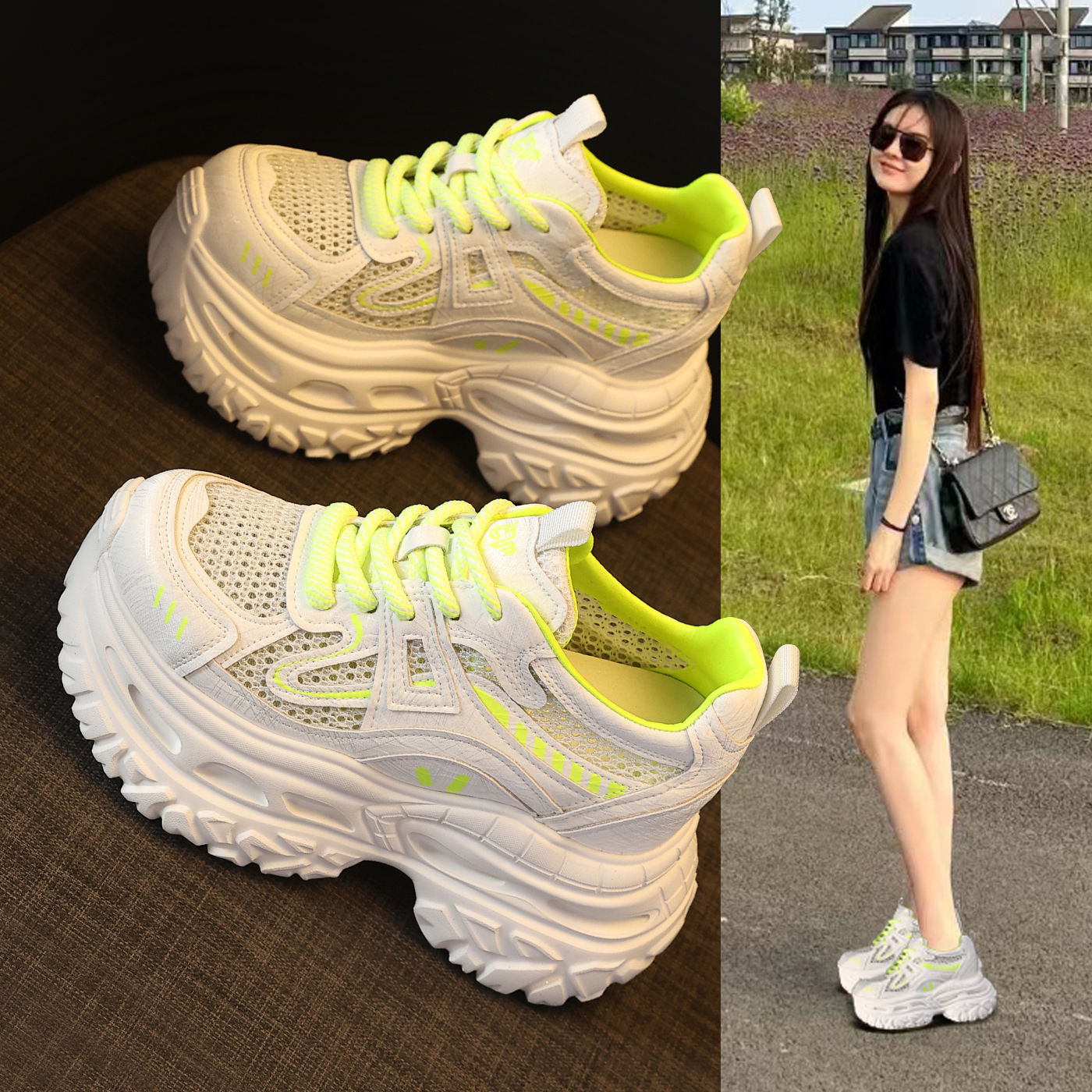 Giày sneaker nữ đế dày chunky lưới thoáng khí tăng chiều cao — Xám bạc