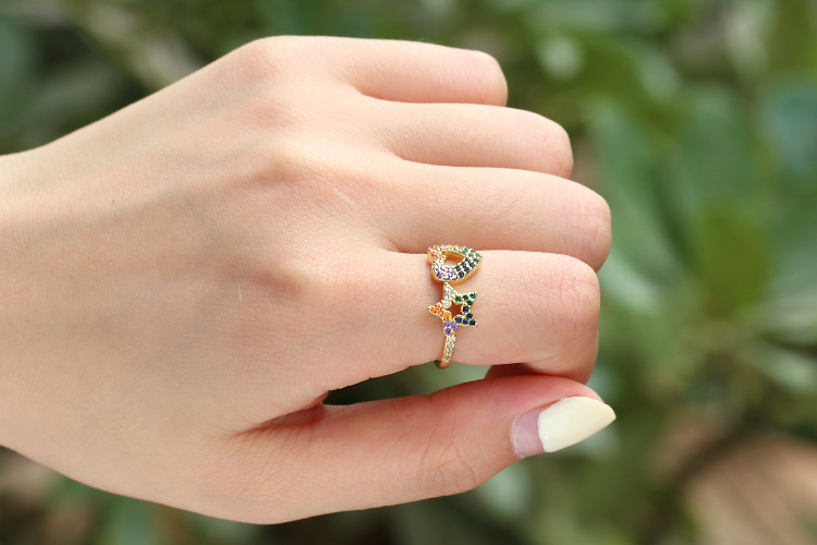 Fashion Micro-inlaid Stars Peach Heart-shaped Opening Adjustable Ring display picture 2