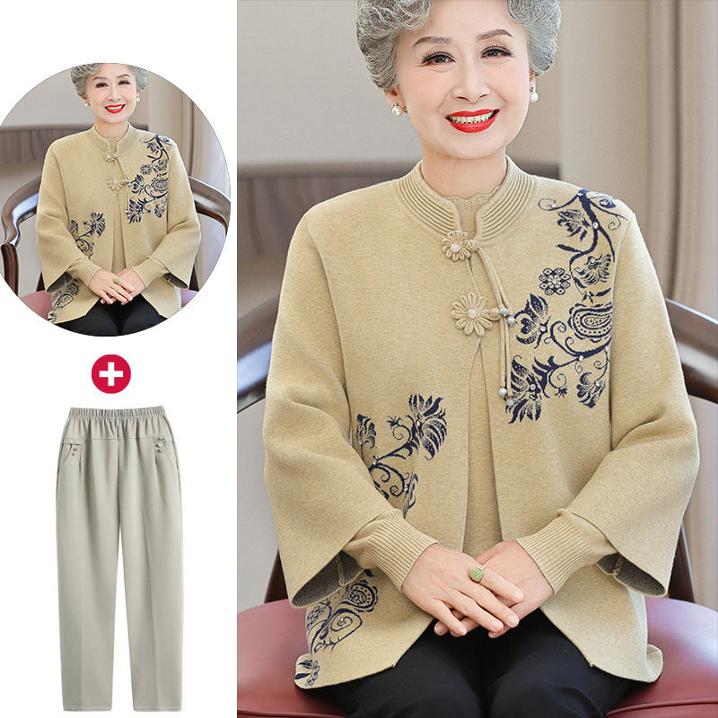 高齢者秋冬服女性コートセーターカーディガンおばあちゃん春秋スーツ奥さん服お母さん唐服2点セット|undefined
