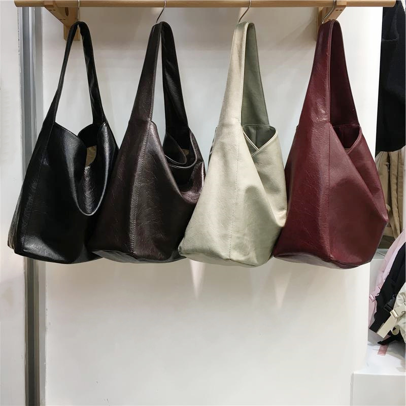 Minimalist Versatile Women's Bag with Wide Shoulder Strap, Soft Waxed Leather, Large Capacity, Single Shoulder Tote Bag, Niche Lazy Style