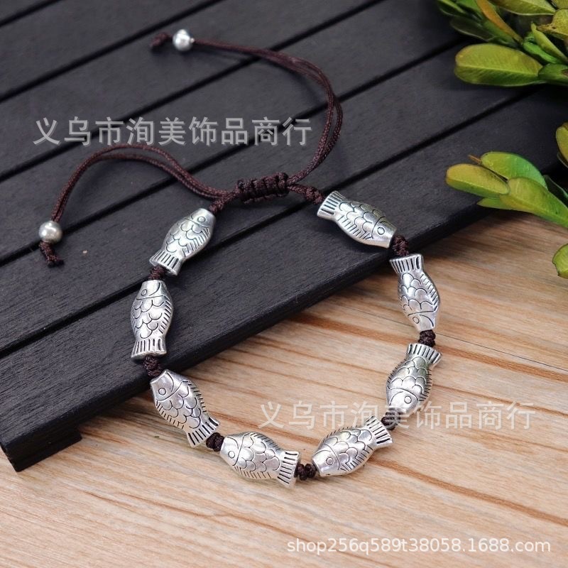 新しい中国風のエスニックスタイルの黒いロープブレスレット手織りブレスレット多用途調節可能な蝶小魚の森ブレスレット|undefined