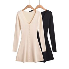 YPFF潮流女装秋季新款深V领长袖连衣裙 修身显瘦针织收腰显瘦短裙