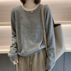 おしゃれな配色刺繍入りラウンドネックニットセーター レディース 春秋 ゆったりセーター コントラストカラー ウールベースセーター