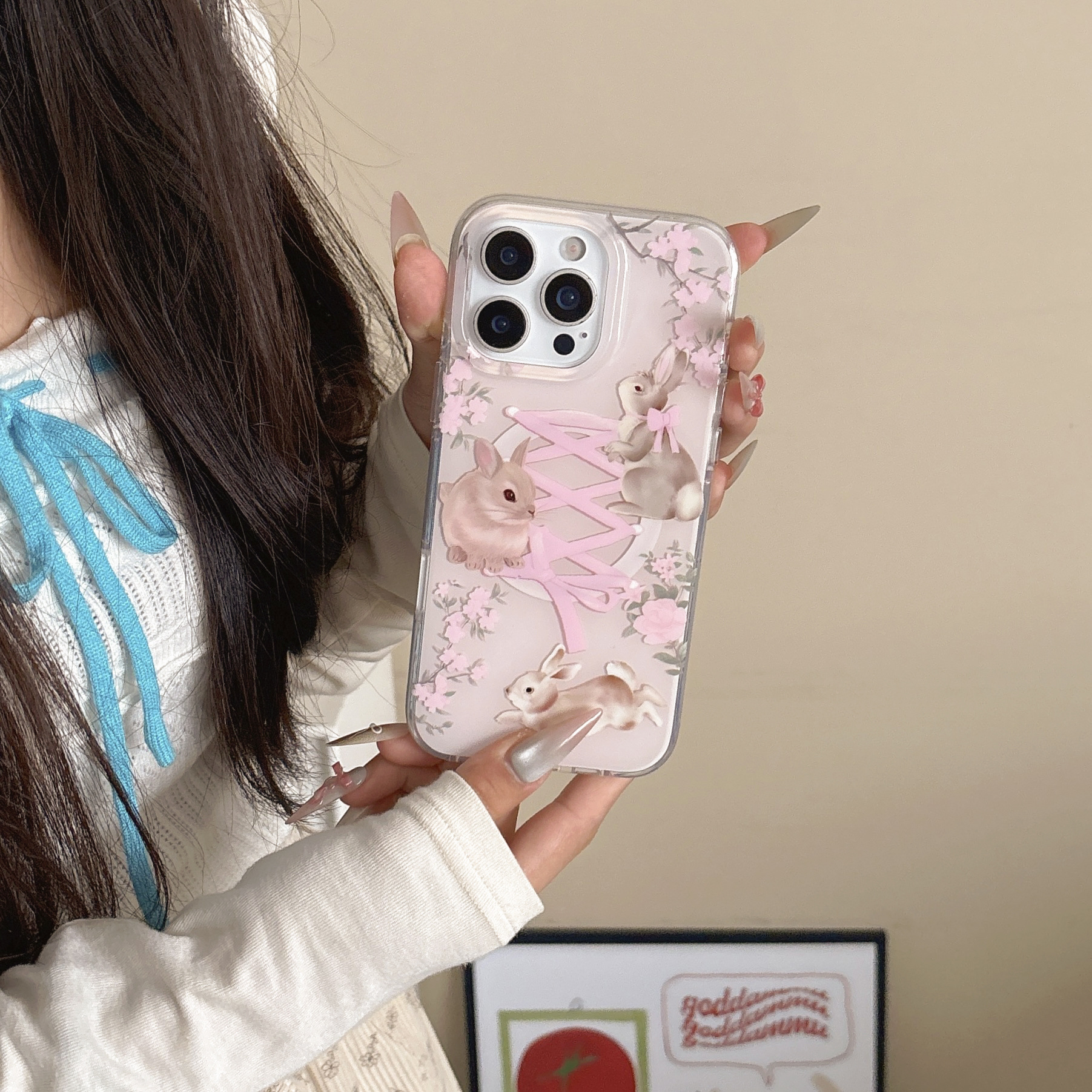 Conejo de lazo de encaje de dibujos animados para iPhone16Pro funda para teléfono móvil 15ProMax magnético 14Pro hembra 13