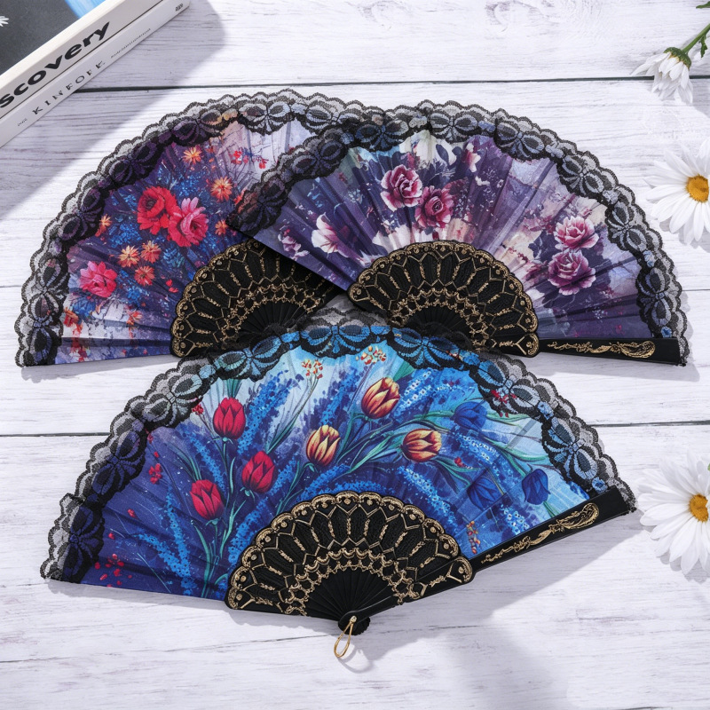 Abanico Plegable de Encaje de Seda y Madera de Loto Decorativo para Danza y Bodas