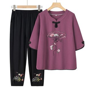Middle-aged and elderly women's clothing mother's summer clothing suit and grandmother's cotton silk half-sleeve top elderly seven-sleeve two-piece suit