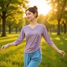 新款V领广场舞舞蹈服上衣女现代舞练功服单件宽松秋冬跳舞服