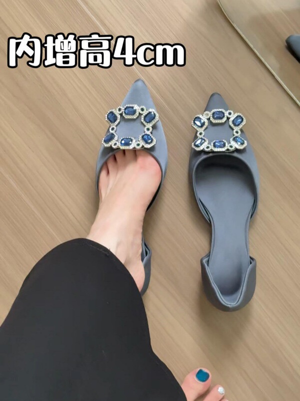 内增高版~小个子法式尖头水钻方扣浅口单鞋女一脚蹬通勤玛丽珍鞋|undefined