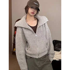 韩系复古拉链高领毛衣女秋冬慵懒高级感宽松粗线厚款针织开衫外套