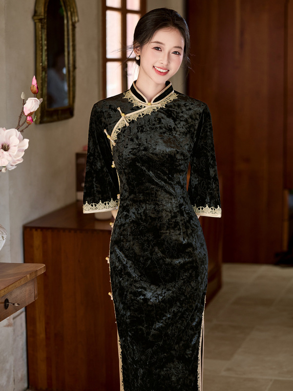黑色丝绒旗袍2025年新款气质复古民国风年轻款改良连衣裙女新中式|undefined