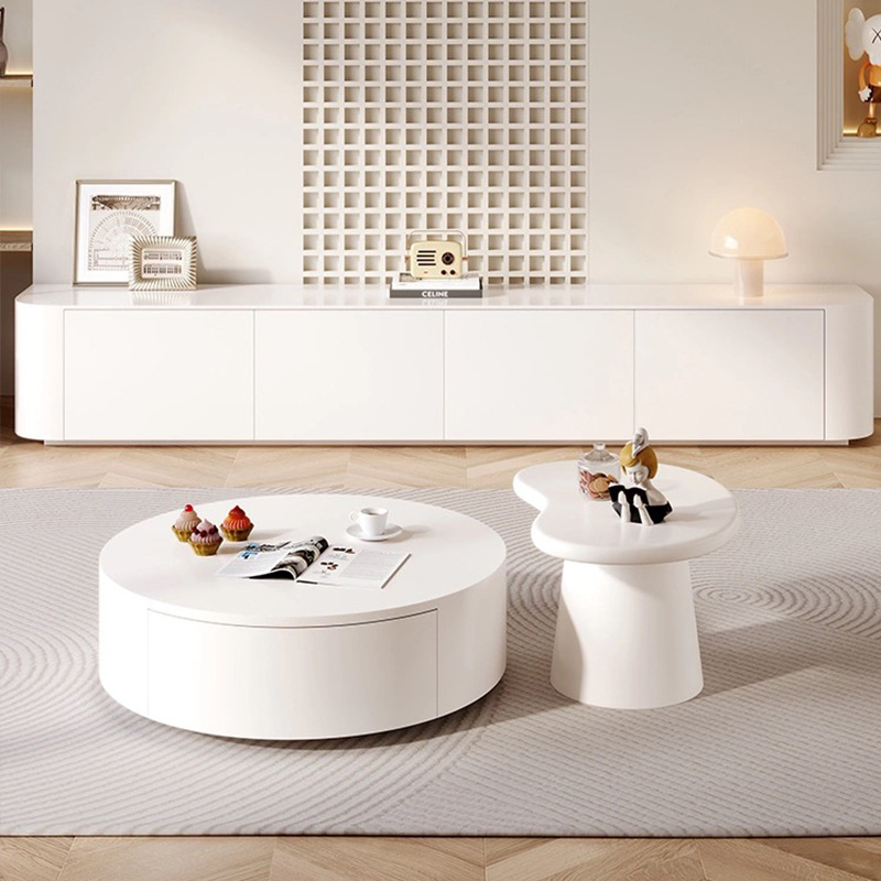 Mesa redonda de roca placa mesa de té TV gabinete combinación hogar sala de estar combinación crema francesa estilo niños y madre combinación mesa de té