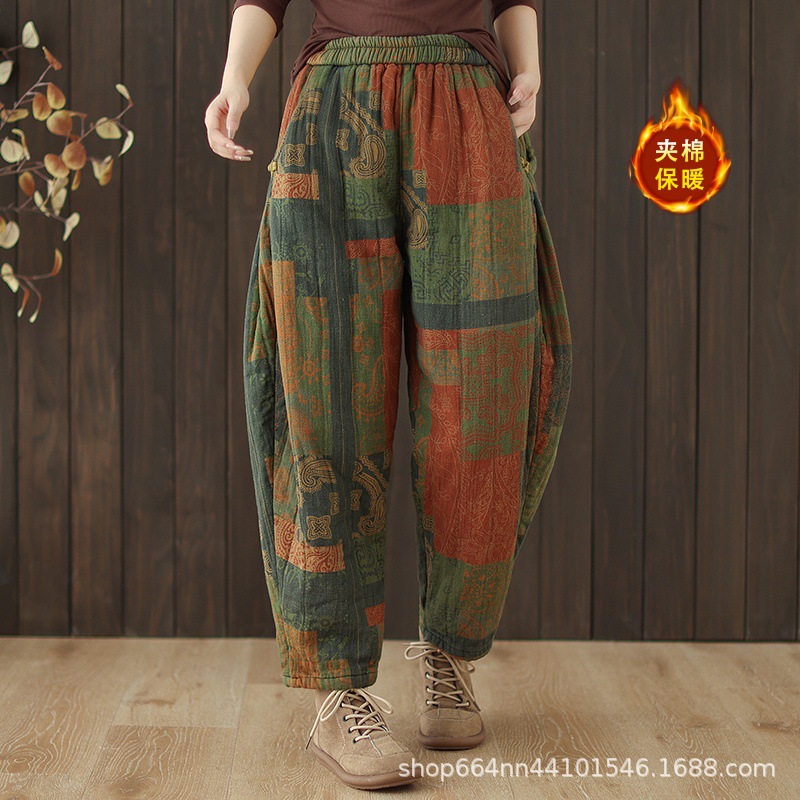 复古大码休闲印花休闲裤松紧腰宽松灯笼裤秋季新款文艺民族风棉裤