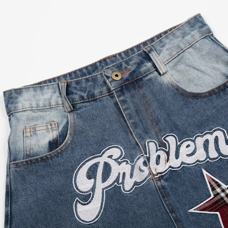 アメリカンレトロスター刺繍ジーンズ男性と女性のストリートヒップホップルーズシミターワイドレッグパンツ潮|undefined