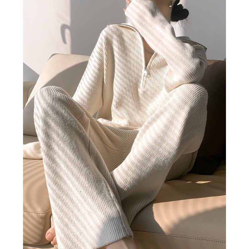 Transfronterizo estilo europeo y americano de cuello alto con cremallera suéter de punto conjunto de mujeres otoño invierno pantalones de piernas largas sueltos dos piezas